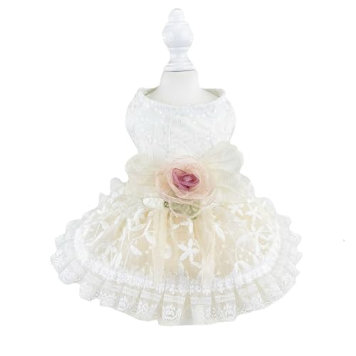 FLAdorepet Luxuriöses Hundekleid mit Rosen-Spitze und Leinen-Ring, Haustier-Braut-Kostüm, Kleidung für kleine Hunde und Mädchen, formelle Hunde-Hochzeitsparty-Kleider (Weiß, Größe XL (Brustumfang 51,8 von FLAdorepet