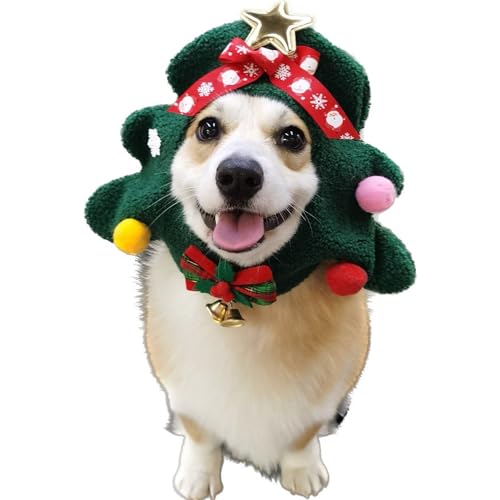 FLAdorepet Weihnachtliche Hundemütze mit Weihnachts-Hunde-Fliege, Haustier-Weihnachtsbaum-Kostüm, Outfits für kleine und große Hunde, warme Winter-Hundemütze, Hals- und Ohrenwärmer, Stirnband (klein, von FLAdorepet