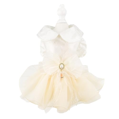 FLAdorepet Weißes Tutu-Kleid für Hunde, Rock mit Leinen-Ring, Hundekleidung für kleine Hunde und Mädchen, formelle Hochzeitskleidung, Katzen-Braut-Outfit, Kostüm (weiße Schleife, Größe XS) von FLAdorepet