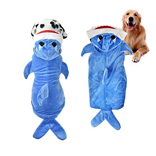 Halloween-Hunde-Hai-Kostüm für große Hunde, Winter, Fleece, Welpenjacke, Mantel, Hoodie, lustige Hundekleidung, Golden Retriever (3XL (1 Stück), Blau) von FLAdorepet