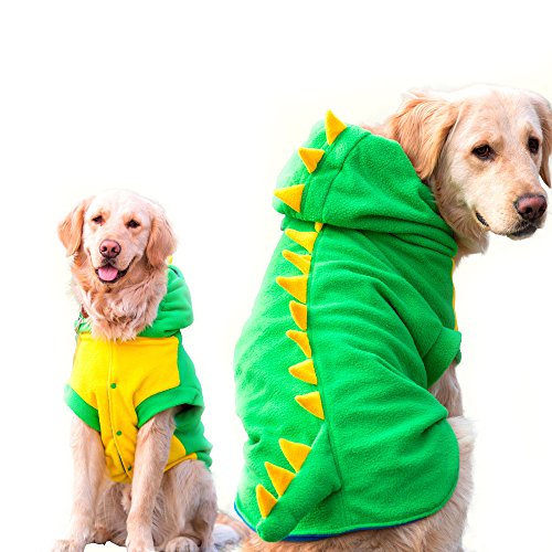Lustiges Halloween Großer Hund Dinosaurier Kostüm Jacke Mantel Warm Fleece Winter Golden Retriever Pitbull Hund Kleidung Hoodie (5XL, Grün) von FLAdorepet