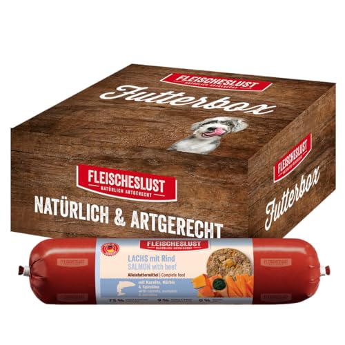 Fleischeslust Futterbox Lachs mit Rind mit Karotte, Kürbis & Spirulina (6x800g) Hundewurst Alleinfutter 6 x 800 g von FLEISCHESLUST NATÜRLICH ARTGERECHT