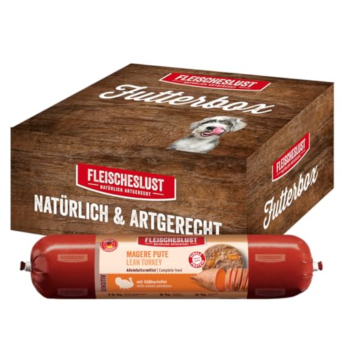Fleischeslust Futterbox Magere Pute mit Süßkartoffel sensitiv (6x800g) Hundewurst Alleinfutter von FLEISCHESLUST NATÜRLICH ARTGERECHT