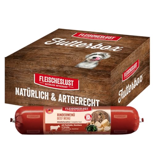 Fleischeslust Futterbox Rindermenü mit Pastinake, Haselnuss & Seealge (6x800g) Hundewurst Alleinfutter von FLEISCHESLUST NATÜRLICH ARTGERECHT