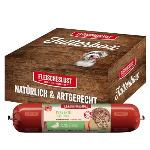 Fleischeslust Hundewurst, Pure Ente mit Apfel & Amarant als Futterbox (6x800g), Sensitive Nassfutter-Wurst schnittfest & getreidefrei, Hundefutter für ausgewachsene Hunde von FLEISCHESLUST NATÜRLICH ARTGERECHT