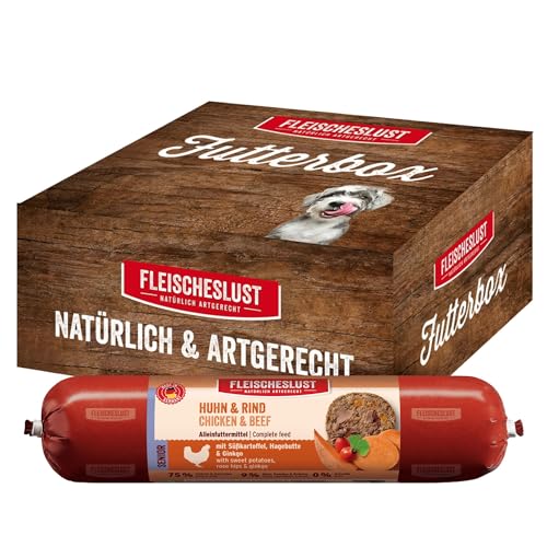 Fleischeslust Hundewurst, Senior Huhn & Rind mit Süßkartoffel, Hagebutte & Gingko als Futterbox (6x800g), Nassfutter-Wurst schnittfest & getreidefrei, Hundefutter für ältere Hunde von FLEISCHESLUST NATÜRLICH ARTGERECHT