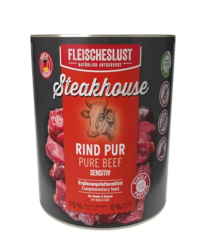Steakhouse Rind pur (6x800g), Nassfutter für Hunde & Katzen, sensitives Ergänzungsfutter, Monoprotein, getreidefrei, 6X Reinfleisch-Dosen von Fleischeslust von FLEISCHESLUST NATÜRLICH ARTGERECHT