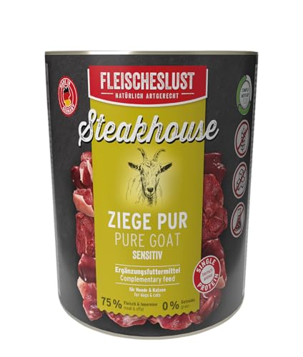 Steakhouse Ziege pur (6x800g), Nassfutter für Hunde & Katzen, sensitives Ergänzungsfutter, Monoprotein, getreidefrei, 6X Reinfleisch-Dosen von Fleischeslust von FLEISCHESLUST NATÜRLICH ARTGERECHT