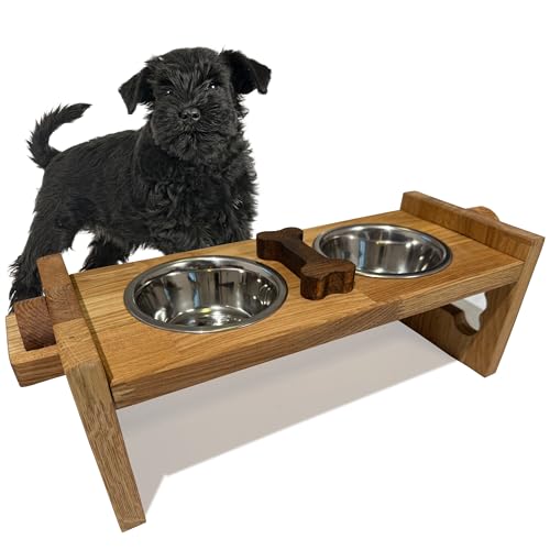 Erhöhter Hundenapf erhöht Grosse Hunde kleine Hunde Edelstahl Holz Eiche doppelt 2er Set (L) von FLEXISTYLE