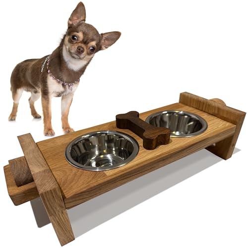 Erhöhter Hundenapf erhöht Grosse Hunde kleine Hunde Edelstahl Holz Eiche doppelt 2er Set (M) von FLEXISTYLE