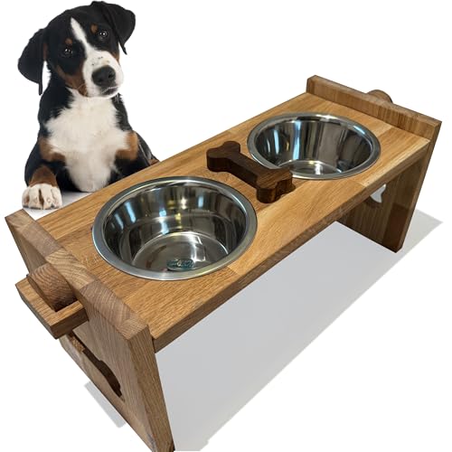 Erhöhter Hundenapf erhöht Grosse Hunde kleine Hunde Edelstahl Holz Eiche doppelt 2er Set (XL) von FLEXISTYLE
