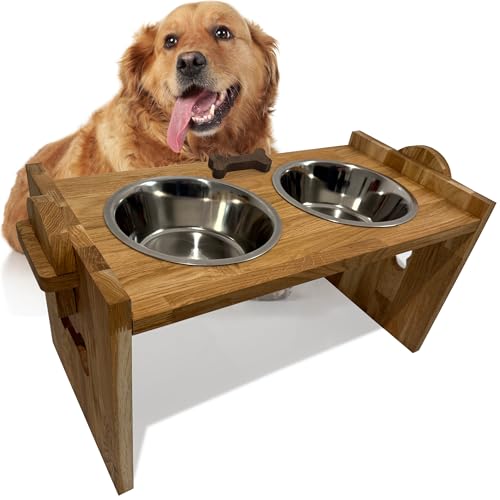 Erhöhter Hundenapf erhöht Grosse Hunde kleine Hunde Edelstahl Holz Eiche doppelt 2er Set (XXL) von FLEXISTYLE