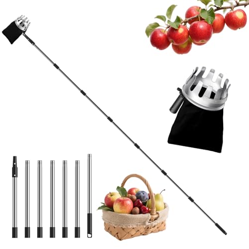 FLORA GUARD 2,9 M Obstpflücker,⌀13cm Pflücksack mit Klinge, schnelleres Pflücken für Kirschen, Äpfel ohne Leiter (7-teilig, rostfrei) von FLORA GUARD