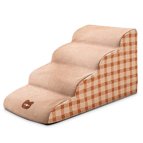 FLOVIPPET Haustiertreppe für Kleine Hunde, Hundetreppe für Bett Sofa und Couch, Hunderampe aus Hochdichtem Schaumstoff mit Abnehmbarem, Waschbarem Bezug und Rutschfestem Boden (Braun, 4 Schritte) von FLOVIPPET