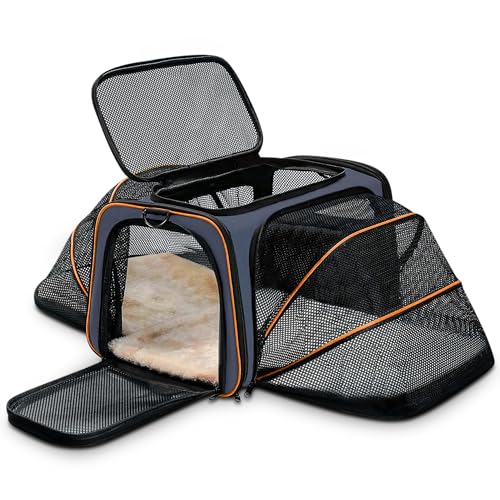 FLOVIPPET Katzentragetasche, von der Fluggesellschaft Zugelassen Erweiterbare Weiche Hundetragetasche mit Abnehmbarem Fleece-Pad, Haustiertragetasche für Hunde Katzen bis zu 6,8 kg (Blau) von FLOVIPPET