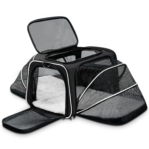 FLOVIPPET Katzentragetasche, von der Fluggesellschaft Zugelassen Erweiterbare Weiche Hundetragetasche mit Abnehmbarem Fleece-Pad, Haustiertragetasche für Hunde Katzen bis zu 6,8 kg (Schwarz) von FLOVIPPET