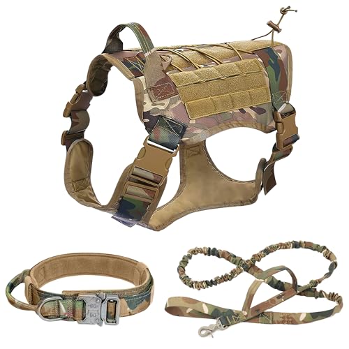 FLOVIPPET Taktisches Hundegeschirr 3er-Set, No-Pull-Haustiergeschirr mit Halsband und Leine, Verstellbare Weich Gepolsterte Hundeweste, Hundegeschirr für Mittelgroße Große Hunde (Tarnung,XL) von FLOVIPPET