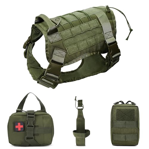 FLOVIPPET Taktisches Hundegeschirr 4er-Set, No Pull Military Tactical Service Weste mit MOLLE-System, Verstellbare Weich Gepolsterte Hundeweste, für Mittelgroße Große Hunde (Grün,L) von FLOVIPPET