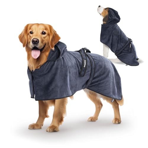 FLUFFINO Hundebademantel Dunkelblau Gr. L | Soft, saugstark, waschbar, schnell trocknend | Tierhandtuch + Klettverschluss | Badetuch für große Hunde | Haustierzubehör von FLUFFINO