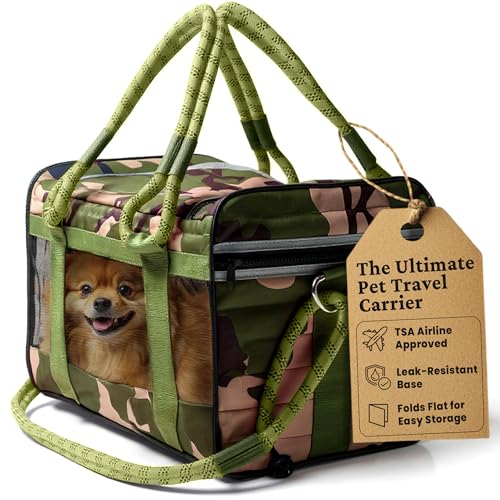FLUFFY COMMUTE TSA-zugelassene Haustier-Tragetasche, weiche Seiten, Katzentasche, Hundetragetasche, Haustiere bis zu 9 kg, Leine und Gepäckgurt, Camouflage-grüner Griff von FLUFFY COMMUTE