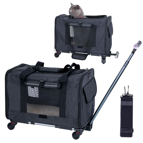 FLYAMAPIRIT Mobile Haustiertragetasche für kleine mittelgroße Hunde Katzen Tragbare Reisetragetasche mit Teleskopgriff und abnehmbaren Rädern von FLYAMAPIRIT