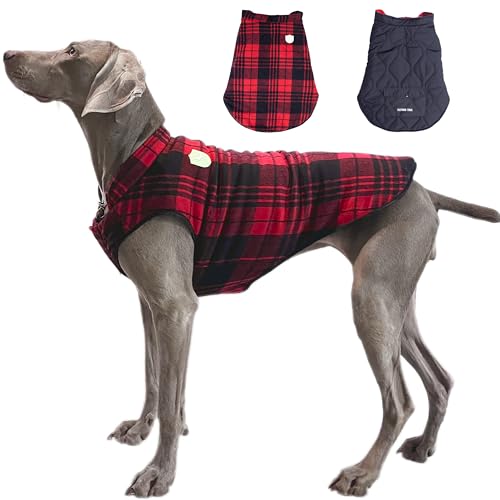 Flying Tail Hunde-Wintermantel mit Wärmespeicherung, wendbar, wasserdicht, mit reflektierendem Logo, leuchtet im Dunkeln, Etikett und Loch für die Leine, Größe 2 XS – 5XL (groß, Rot und Schwarz) von FLYING TAIL