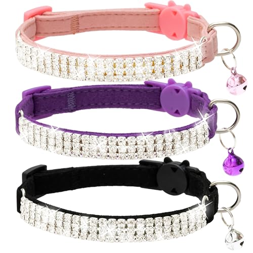 Keyoung FLYSTAR Cat Collar Breakaway with Bell - Cute Cat Collar for Boy Girl Cats - Rhinestones Bling Adjustable Soft Velvet Pet Collars for SML Cats, Puppy (Pink, Purple, Black) von FLYSTAR