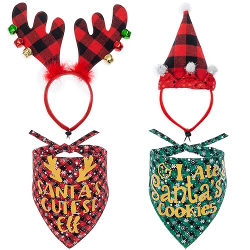 Weihnachtliches Hunde-Bandana und Stirnband-Set – karierte Hunde-Weihnachtsmütze & Elchförmige Stirnbänder und Schneeflocke, Hundehalstücher für Mädchen und Jungen, Größe M, L von FLYSTAR