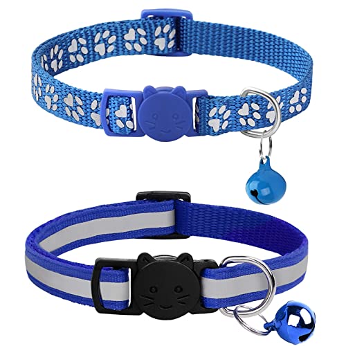 2pcs Reflektierendes Katzenhalsband, Breakaway Kätzchen Halskette Halsband Mit Glocke Bunte Verstellbare Schnalle Katzenhalsbänder Haustier Zubehör (Color : Dark Blue, Size : 20-32cm) von FNSK