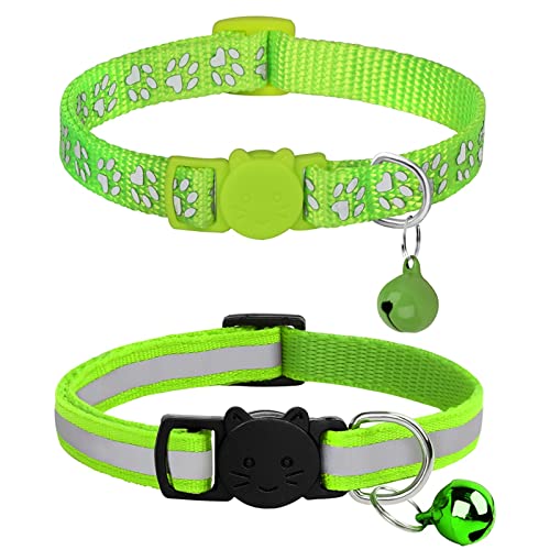 2pcs Reflektierendes Katzenhalsband, Breakaway Kätzchen Halskette Halsband Mit Glocke Bunte Verstellbare Schnalle Katzenhalsbänder Haustier Zubehör (Color : Green, Size : 20-32cm) von FNSK