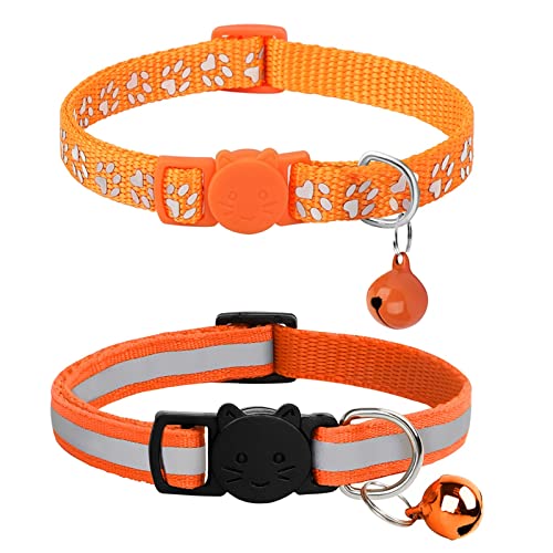 2pcs Reflektierendes Katzenhalsband, Breakaway Kätzchen Halskette Halsband Mit Glocke Bunte Verstellbare Schnalle Katzenhalsbänder Haustier Zubehör (Color : Orange, Size : 20-32cm) von FNSK