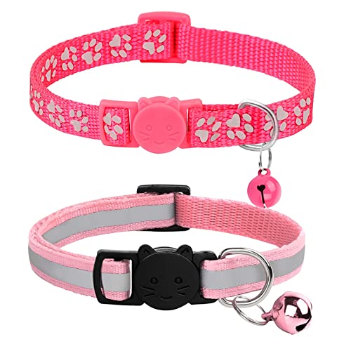 2pcs Reflektierendes Katzenhalsband, Breakaway Kätzchen Halskette Halsband Mit Glocke Bunte Verstellbare Schnalle Katzenhalsbänder Haustier Zubehör (Color : Pink, Size : 20-32cm) von FNSK
