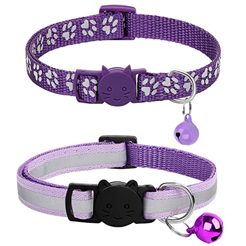 2pcs Reflektierendes Katzenhalsband, Breakaway Kätzchen Halskette Halsband Mit Glocke Bunte Verstellbare Schnalle Katzenhalsbänder Haustier Zubehör (Color : Purple, Size : 20-32cm) von FNSK