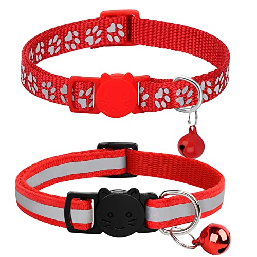 2pcs Reflektierendes Katzenhalsband, Breakaway Kätzchen Halskette Halsband Mit Glocke Bunte Verstellbare Schnalle Katzenhalsbänder Haustier Zubehör (Color : Red, Size : 20-32cm) von FNSK
