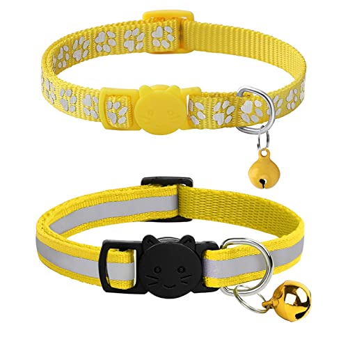 2pcs Reflektierendes Katzenhalsband, Breakaway Kätzchen Halskette Halsband Mit Glocke Bunte Verstellbare Schnalle Katzenhalsbänder Haustier Zubehör (Color : Yellow, Size : 20-32cm) von FNSK