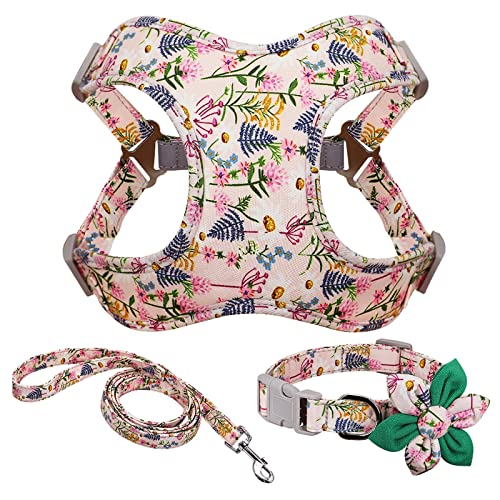 Blume Gedruckte Hundehalsband Harness Leine Set, Nylon Kleine Mittlere Große Hunde Harness Weste Halsband Leinen Für Chihuahua Welpen Haustier (Color : Pink, Size : L) von FNSK