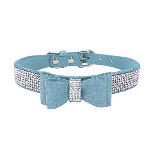 Haustier-Strass-Bogen-Knoten-Kragen-Hundekatze-Bling-weiches Nettes Krawatten-Kragen-PU-Leder-Haustier-Halsband-Haustier-Hundebedarf (Color : Light Blue, Size : L) von FNSK