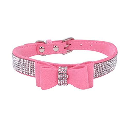 Haustier-Strass-Bogen-Knoten-Kragen-Hundekatze-Bling-weiches Nettes Krawatten-Kragen-PU-Leder-Haustier-Halsband-Haustier-Hundebedarf (Color : Pink, Size : S) von FNSK