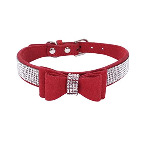 Haustier-Strass-Bogen-Knoten-Kragen-Hundekatze-Bling-weiches Nettes Krawatten-Kragen-PU-Leder-Haustier-Halsband-Haustier-Hundebedarf (Color : Red, Size : S) von FNSK
