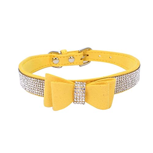 Haustier-Strass-Bogen-Knoten-Kragen-Hundekatze-Bling-weiches Nettes Krawatten-Kragen-PU-Leder-Haustier-Halsband-Haustier-Hundebedarf (Color : Yellow, Size : L) von FNSK