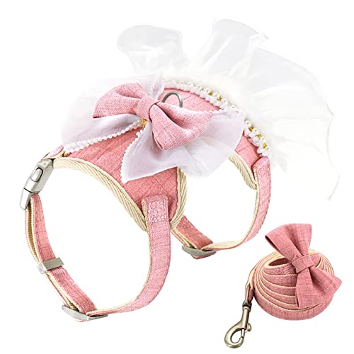 Nettes Bowknot Katze Harness Leine Set, Spitze Perle Welpen Weste 150cm Blei Nylon Atmungsaktives Kätzchen Harness Kleid Für Katzen Kleine Hunde (Color : Pink, Size : S) von FNSK