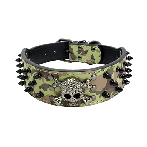 Totenkopfnieten-Hundehalsband, Mit Nieten Besetztes Leder-Hundehalsband Mit Kugelnieten Und Coolem Totenkopf-Haustierzubehör for Mittelgroße Und Große Hunde (Color : Camouflage, Size : 66x5cm) von FNSK