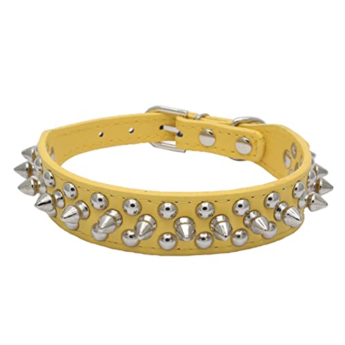 Verstellbares Leder-Haustier-Hundehalsband, Umhängeband Liefert PU-Leder-Punknieten-Spitzen-Hundehalsband-Haustierhalsbänder for Kleine Hunde Und Katzen (Color : Yellow, Size : L) von FNSK