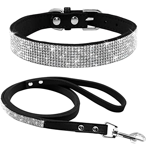 Welpen-Hundehalsband Aus Wildleder, Leine-Set, Verstellbare Strass-Katzenhalsbänder, Gehleinen for Kleine, Mittelgroße Haustiere, XS SM (Color : Black, Size : S) von FNSK