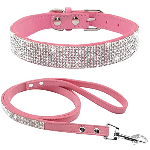 Welpen-Hundehalsband Aus Wildleder, Leine-Set, Verstellbare Strass-Katzenhalsbänder, Gehleinen for Kleine, Mittelgroße Haustiere, XS SM (Color : Pink, Size : M) von FNSK