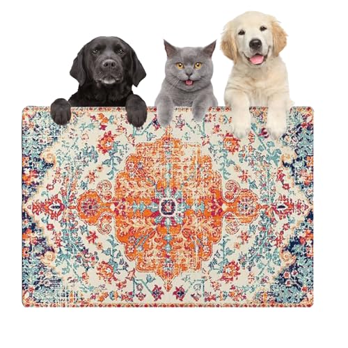 Große Boho-Hunde- und Katzenfuttermatten für Böden, saugfähige Hundenapf-Matte für Futter- und Wasserspendermatte, schnell trocknendes Haustierzubehör (Vintage-Orange, 91,4 x 61 cm) von FODYNE