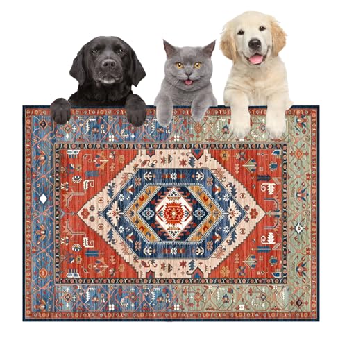 Große Boho-Hunde- und Katzenfuttermatten für Böden, saugfähige Hundenapf-Matte für Futter- und Wasserspendermatte, schnell trocknendes Haustierzubehör (Vintage-Rot, 91,4 x 61 cm) von FODYNE