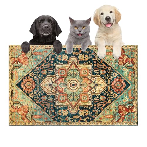 arge Boho-Hunde- und Katzenfuttermatten für Böden, saugfähige Hundenapf-Matte für Futter- und Wasserspendermatte, schnell trocknendes Haustierzubehör (Vintage-Grün, 91,4 x 61 cm) von FODYNE