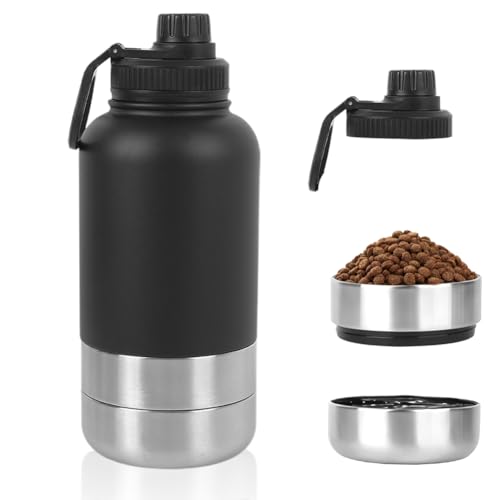 Trinkflasche Hunde für Unterwegs, Hunde Trinkflasche, Wasserflasche Futternapf Hund - 950ml Isolierflasche aus Edelstahl, Hundeflasche mit Futterbehälter, Napf, Hund, Wandern, Reisen, BPA-Frei von FOGARI