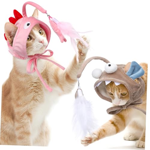 FONDOTIN 2 Stück Katzenspielzeug Kopf trage Design Atmungsaktiv Katzenköder Spielangel Indoor für Katzen Fit und Aktiv mit Pinkem Dino und Grauem Fisch von FONDOTIN